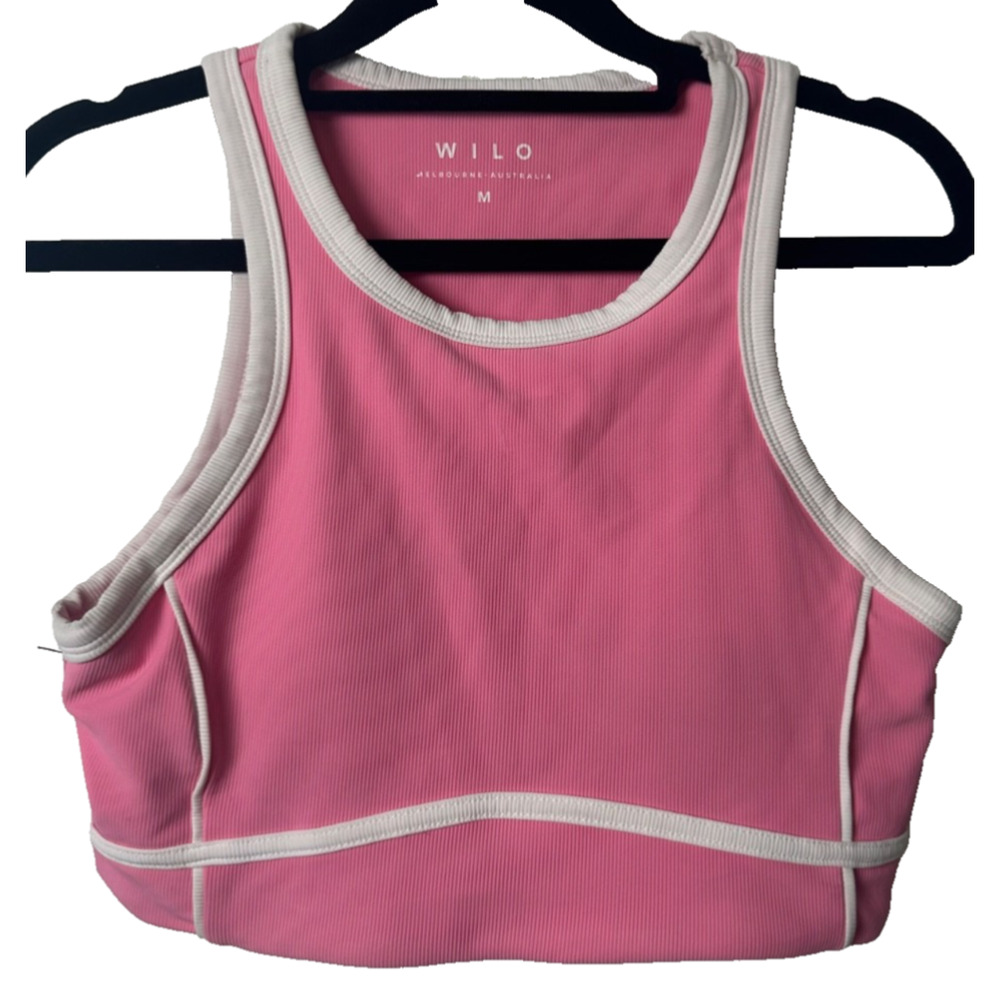 WILO LADIES SPORTS BRA, PINK WITH WHITE TRIM, SIZE M Padded Ribbed D27